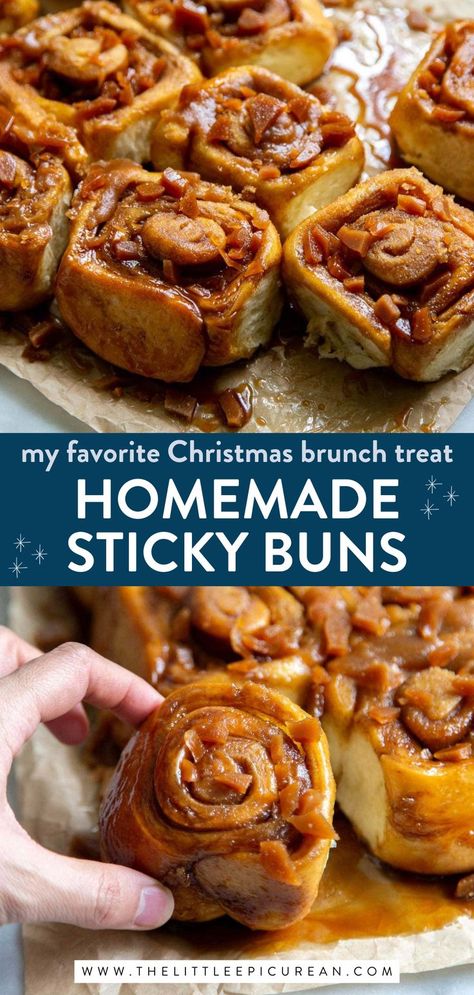 sticky morning buns being served with text overlay that reads my favorite christmas brunch treat homemade sticky buns Easy Sticky Bun Recipe, Breakfast Rolls Recipe, Homemade Sticky Buns, Easy Sticky Buns, Sweet Waffles, Morning Buns, Sticky Rolls, Toffee Bark, Morning Bun