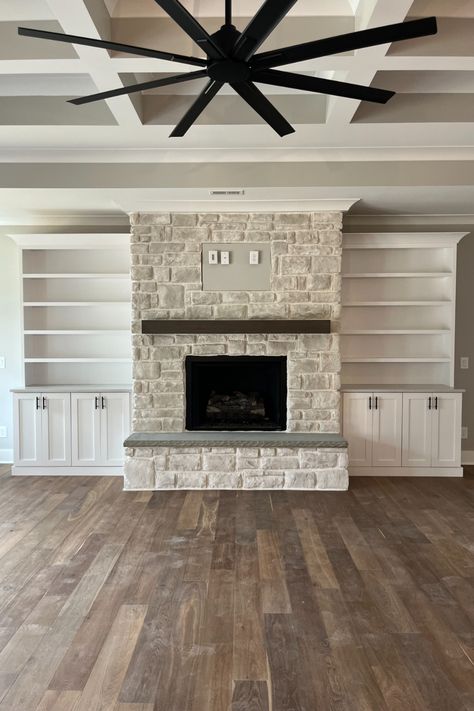 Vaulted Fireplace With Built Ins, Built Ins With Brick Fireplace, How To Decorate Built In Bookshelves Around Fireplace, Stone Fireplace With Tv And Built Ins, Diy Fireplace Tv Wall Brick, Stone Fireplace Bookshelves Built In, Cream Stone Fireplace Living Room, Rock Fireplace With Built Ins, Built Ins Around Stone Fireplace