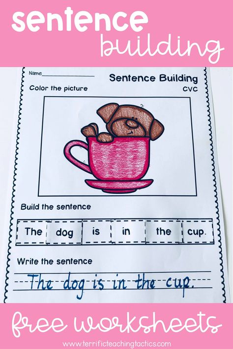 Build Sentences Kindergarten, 1st Grade Cvc Worksheets Free, Teaching Sentence Structure First Grade, Sentence Building Activities First Grade, Making Sentences Kindergarten, Sentence Scramble Kindergarten Free, Writing Sentences Worksheets Grade 1, Build A Sentence Kindergarten, Building Sentences Worksheets