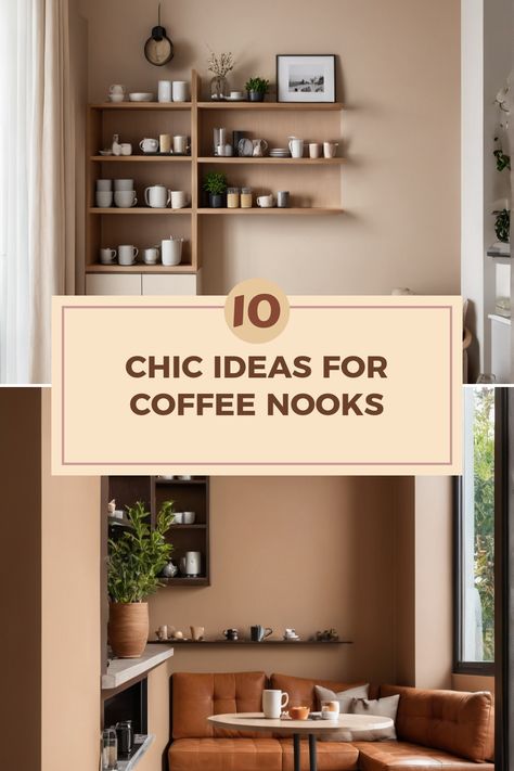 Explore stylish coffee nook ideas showcasing open shelving and cozy corner seating to create a contemporary vibe for your morning coffee. This pin features two images that highlight unique and elegant coffee nook designs. Cafe Seating In Kitchen, Cozy Corner Seating, Coffee Nook Ideas, Coffee Nooks, Modern Coffee Bar, Seating In Kitchen, Nook Inspiration, Corner Seating, Cafe Seating