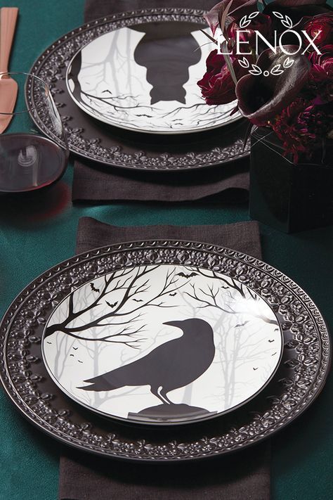 Gothic Dinner, Halloween Dinnerware, Halloween Dinner Party, Haunted Woods, Gothic Kitchen, Creepy Creatures, Halloween Plates, Halloween Entertaining, Halloween Dishes