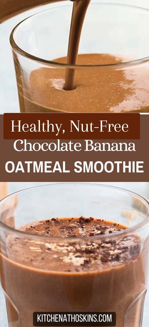 Learn how to make healthy oatmeal smoothie recipe without yogurt that is easy, satisfying and makes an ideal breakfast smoothie for kids. Get the chocolate oats smoothie recipe with banana at kitchenathoskins.com. Healthy Smoothies With Oats, Oat Smoothie Recipes Healthy Breakfast, Banana Oat Smoothie Recipe Healthy, Rolled Oats Smoothie Recipe, Oatmeal Milkshake, Quick Oats Smoothie, Oat Milk Smoothie Recipe, Adding Oats To Smoothies, Oat Smoothie Recipes