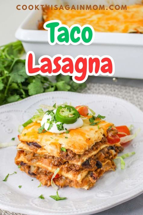 This Taco Lasagna recipe has layers of flour tortillas, taco meat, beans, and plenty of cheese. Add your favorite taco toppings for a delicious taco casserole meal! Mexican Taco Lasagna, Mexican Lasagna With Tortillas, Leftover Taco Meat Recipes, Layered Taco Bake, Casserole Meal, Taco Lasagna Recipe, Mexican Lasagna Recipes, Taco Dishes, Leftover Taco Meat