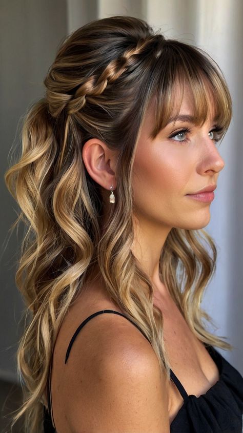 ✨💅 Create the Versatile Crisscross Half-Up with Curtain Bangs wedding hairstyles half length wit... Medium Length With Bangs, Saving Techniques, Wedding Hairstyles Half Up Half Down, Professional Tips, Time Saving, Curtain Bangs, Half Up Half Down, Protective Styles, Half Up