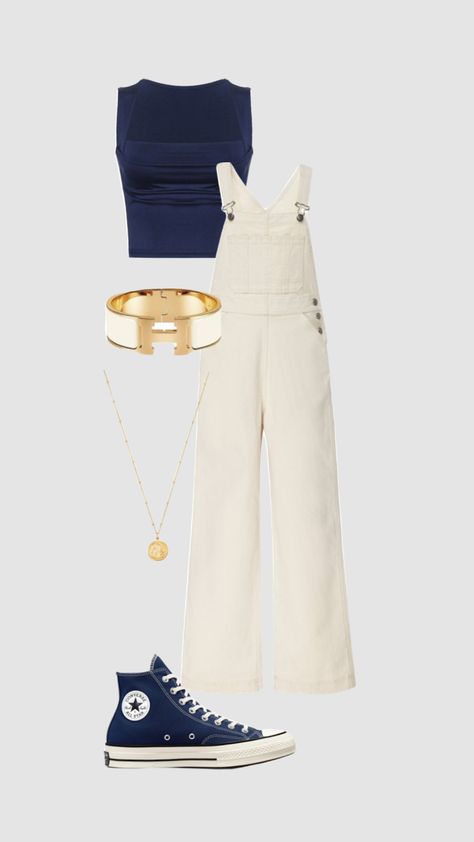 #outfitinspo #summer #beach #converse #overalls #navyblue #coastalgrandaughter #goldjewelry Beach Fits Modest, Preppy Outfits Summer Beach, Beach Converse, Blue Converse Outfit, White Casual Outfit, Dark Blue Tank Top, White Overalls, Recruitment Outfits, Gold Cuff Bracelet