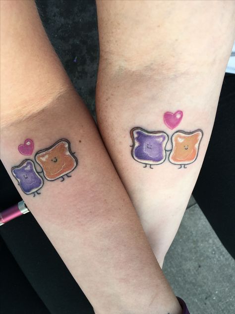 Best Friend  Peanut Butter and Jelly Best Friend Tattoos Pbj, Peanut Butter And Jelly Tattoo Love, Peanut Butter And Jelly Tattoo Bff, Pb&j Tattoo, Peanut Butter Jelly Tattoo, Peanut Butter And Jelly Tattoo, Jelly Tattoo, Couples Tats, 3 Best Friend Tattoos