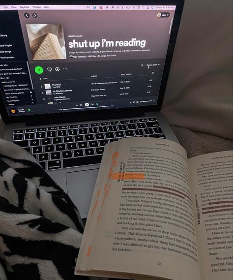 ‘shut up i’m reading’ spotify playlist on laptop with an annotated book cozy in bed with zebra blanket Album Spotify Covers, Spotify Covers Studying, Bed Spotify Playlist Cover, Spotify Playlist Covers Book, Book And Spotify Aesthetic, Cozy Spotify Playlist Cover, Spotify Reading Playlist Cover, Reading Spotify Playlist Cover, Spotify Playlist Covers School