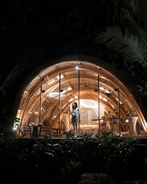 Rounded bamboo house with the luxury of tropical nature around it, heated pool made of local stones, on the river bank hidden in east Bali, Indonesia. picture by @bramhansel #bamboohouse #hideoutbali #bambubali #junglehouse East Bali, Bamboo Houses, Jungle House, Tropical Nature, Eco Resort, Eco Lodge, Bamboo House, Beach Huts, River Bank