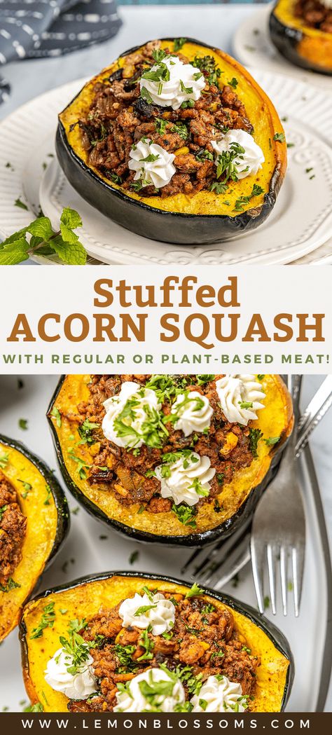 This Stuffed Acorn Squash recipe is a nutrient packed main dish, that is vegan adaptable, vegetarian adaptable, dairy-free adaptable and gluten-free. Tender roasted acorn squash halves are filled with seasoned ground meat (chicken, lean beef, lamb, turkey) or plant-based protein (impossible meat, beyond meat, meatless ground, quinoa or rice) then, topped with light and creamy whipped goat cheese (or plant-based yogurt or cashew cream). #lemonblossoms #holidays #plantbased #glutenfree Ground Chicken Stuffed Acorn Squash, Ground Impossible Meat Recipes, Acorn Squash With Ground Beef, Acorn Squash And Ground Beef, Acorn Squash Ground Turkey, Ground Beef Acorn Squash, Impossible Meat, Acorn Squash Recipe, Roasted Acorn Squash