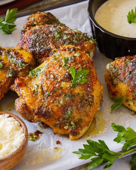 Garlic Parmesan Ranch Chicken Thighs Garlic Parmesan Seasoning, Parmesan Ranch Chicken, Ranch Chicken Thighs, Crispy Skin Chicken, Chicken Thighs In Oven, Slow Cooker Bbq Beef, Ranch Seasoning Recipes, Chicken Thigh Seasoning, Parmesan Ranch