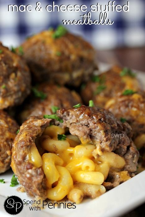 Mac & Cheese Meatballs!  Rich velvety macaroni & cheddar cheese stuffed inside a delicious meatball! Cheese Meatballs, Stuffed Meatballs, Cheese Stuffed Meatballs, Meatballs Recipes, Tasty Meatballs, Spend With Pennies, Cheese Stuffed, Mac Cheese, Poutine