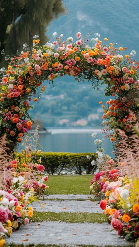 Colorful Garden Wedding Ideas, Multicolor Flower Wedding, Wedding Arch Flowers Colorful, Wedding Arch Ideas Colorful, Sunset Color Theme Wedding, Wedding Wedding Theme, Bridal Vision Boards, Wedding Arch Colourful, Wedding Aisle With Flowers