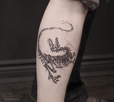 Dinosaur skeleton tattoo on the right calf by Andrew Dinosaur Tattoos, Skeleton Tattoos, Thigh Tattoos Women, Tattoo Set, Foot Tattoo, Dream Tattoos, Minimalist Tattoo, Thigh Tattoo, Tattoo Designs Men