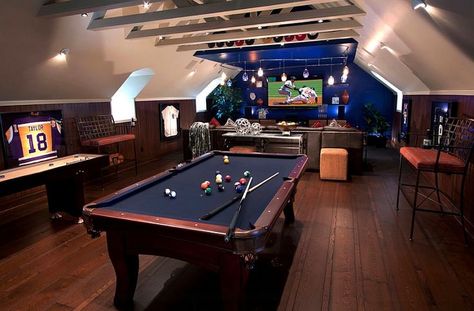 Ever thought of converting your attic game room into a luxurious man cave? This is an awesome example!  #attic #gamesroom #mancave Man Cave Designs, Attic Game Room, Attic Man Cave, Man Cave Games, Man Cave Design, Man Cave Home Bar, Pool Tables, Video Game Rooms, Attic Renovation