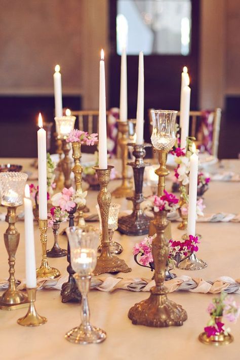 Candlestick Centerpiece Wedding, Lots Of Candles, Candlestick Centerpiece, Candle Sticks Wedding, Romantic Candles, Vintage Candlesticks, Wedding Palette, Vintage Wedding Decorations, Candle Inspiration