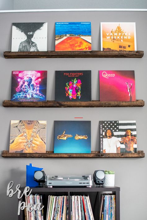 Vinyl Record Wall Shelves Hanging Records, Diy Vinyl Record, Vinyl On Wall, Record Wall Display, Vinyl Record Room, Record Wall Decor, Vinyl Record Shelf, Record Wall Art, Vinyl Shelf