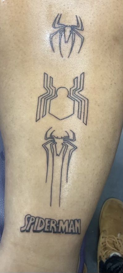 To Honor the new movie “Spiderman - No Way Home” I got a spiderman tattoo to celebrate Tobey, Andrew and Tom Matching Marvel Tattoos For Best Friends, 3 Spiderman Tattoo, Andrew Garfield Spiderman Tattoo, Spiderman Matching Tattoo, Tiny Spiderman Tattoo, Mellow Tattoo, Spiderman Tattoo For Guys, Matching Marvel Tattoos, Minimalist Spiderman Tattoo