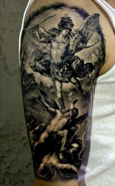 Saint Michael the archangel Archangel Michael Tattoo, St Michael Tattoo, Michael Tattoo, Archangel Tattoo, Statue Tattoo, Demon Tattoo, Tree Tattoo Designs, Religious Tattoo, Religious Tattoos