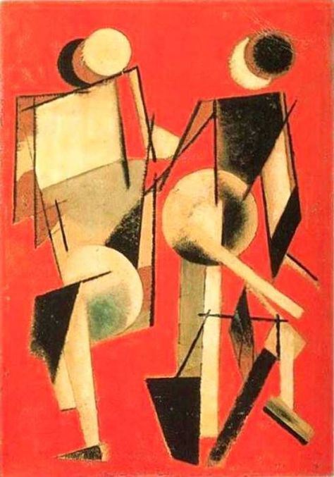 Two Figures on Red, 1920. Varvara Stepanova (1894-1958) was Russian painter and designer of Lithuanian birth. She trained at the Kazan’ School of Art (c. 1910–11) where she met Aleksandr Rodchenko, whom she subsequently married.  In 1921, together with Aleksei Gan, Rodchenko and Stepanova formed the first Working Group of Constructivists, which rejected fine art in favour of graphic design, photography, posters, and political propaganda. Varvara Stepanova, Russian Constructivism, Russian Avant Garde, Avant Garde Art, Surrealism Painting, Russian Art, Futurism, Cubism, Art Movement