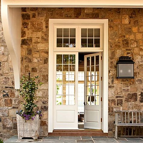 Love the stone exterior and the beautiful double doors Front Porches, Exterior Stone, Stone Houses, Beautiful Doors, Stone House, House Entrance, Southern Living, Exterior Doors, Double Doors