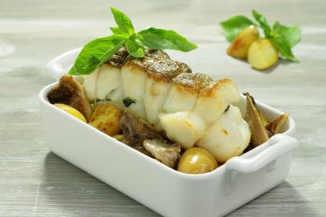 Roasted Norwegian cod with basil, baby potatoes and mushrooms .... | Claire Justine Potatoes And Mushrooms, Watercress Soup, Roasted Baby Potatoes, Pan Fried Salmon, Fried Salmon, Wheat Free Recipes, Fish Dinner, Baby Potatoes, Wheat Free