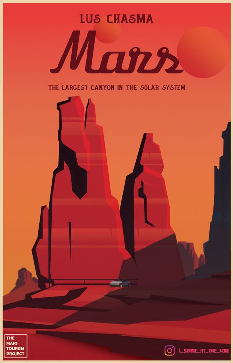 a travel poster I made for lus chasma the largest canyon on mars and in the solar system, inspired by retro travel posters of national parks. #mars #sci-fi #poster #retro #illustration #space Prompt Illustration, Mars Illustration, Retro Space Posters, Martian Chronicles, Vintage Sci Fi, Vintage Space Art, Mars Poster, Space Posters, Space Travel Posters