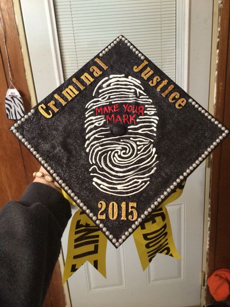 Criminal Justice graduation cap! So fun and so easy to make :) Grad Cap Ideas, Grad Cap Decorated, Graduation Cap Decoration Diy, High School Graduation Cap, College Graduation Cap Decoration, Grad Cap Designs, Diy Graduation Cap, Sam Houston, Graduation Cap Designs