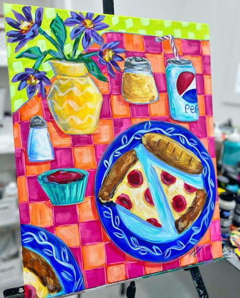 Pepsi or Coke with pizza? I say Pepsi! 🙋🏻‍♀️🍕🥤 “Pizza and Pepsi” 16x20 tablescape on canvas. Original and prints at Audrastyle.com. #dopaminedecor #pizza #pizzaart #foodpainting #stilllife #tablescape #foodflatlay #foodart #eclecticdecor #southernfood #newbernnc #easternnc #acrylicpainting Pizza Painting, Food Flatlay, Pizza Art, Table Scape, Food Painting, Colorful Table, Acrylic Painting On Canvas, Eclectic Decor, Pepperoni Pizza