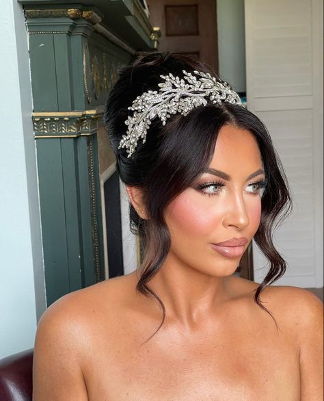 Diamond Headpiece Wedding, Updos With Hair Pieces Bridal Headpieces, Wedding Hairstyles Updo With Headpiece, Updo Headband Wedding, Bridal Bun And Veil, Bridal Updo With Headpiece And Veil, Big Wedding Updo, Bridal Hair Pieces Updo, Bride Up Hairstyles