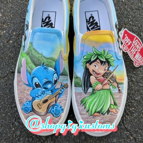 Lilo and stitch hand painted shoes. Vans. Custom kicks. #liloandstitch #disney #disneyshoes #handpaintedshoes #customshoes #customkicks #customs Stitch Painted Shoes, Lilo And Stitch Painted Shoes, Stitch Shoes Diy, Lilo And Stitch Shoes, Disney Painted Shoes, White Puma Shoes, Stitch Shoes, Vans Custom, Painted Shoes Diy