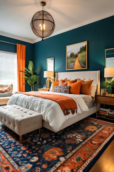 DGEXP Home's Amazon Page Contemporary Modern Bedroom, Bold Bedroom, Fall Bedroom Decor, Teal Bedroom, Stile Boho Chic, Bedroom Orange, Bed Design Modern, Fall Bedroom, Bohemian Bedroom Decor