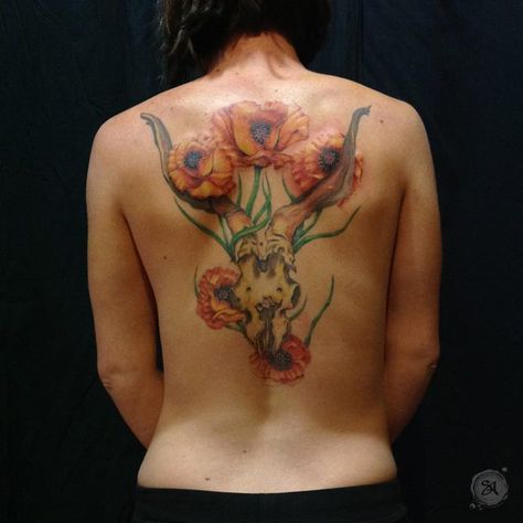 Share on Tumblr Feminine Deer Skull Tattoo, Deer Skull And Flowers Tattoo, Deer Skull With Sunflowers Tattoo, Deer Skull Sleeve Tattoo, Sacred Art Tattoo, Skull With Wildflowers Tattoo, Skull And Flowers, Georgia O Keefe, Orange Poppies