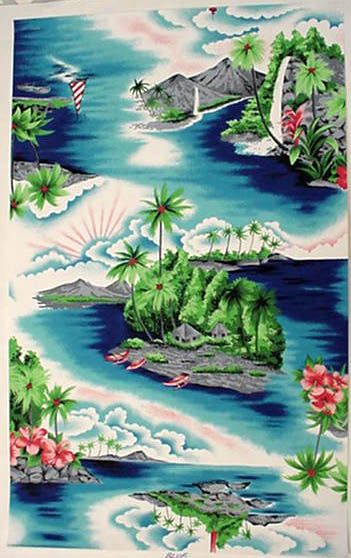 Beautiful vintage Hawaiian scenic design, influenced by Japanese fabric designers Asian Wallpaper, Hawaiian Pattern, Vintage Hawaii, Vintage Hawaiian, Hawaiian Print, Hawaiian Style, Scenic Design, Japanese Fabric, Vintage Textiles