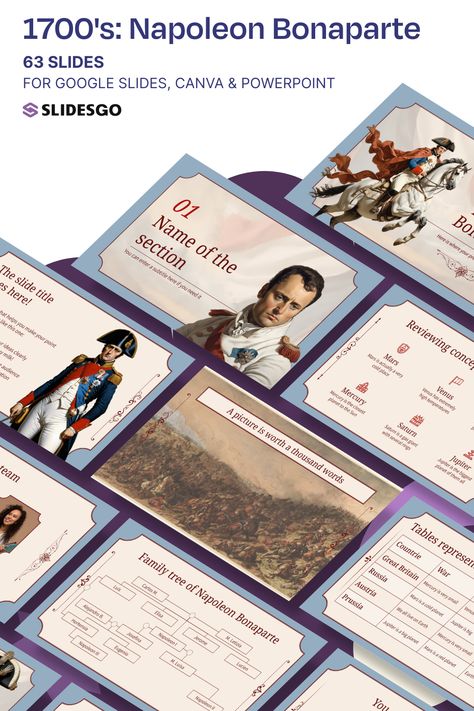 1700\'s: Napoleon Bonaparte I Google Slides, Canva & PowerPoint Presentation Template History Template Powerpoint, Vintage Powerpoint, Canva Powerpoint, School Minimalist, Illustration Education, Elegant Illustration, Presentation Maker, Vintage History, Teacher Toolkit