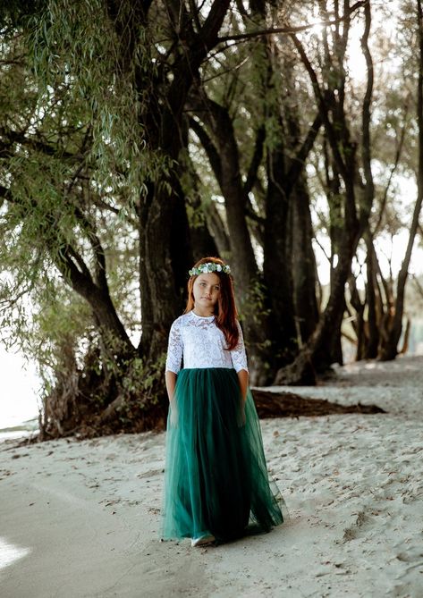 Emerald Flower Girl Dress Lace Flower Girl Dress Green Flower | Etsy Emerald Flower Girl Dress, Green Flower Girl Dress, Peach Tulle Dress, Green Flower Girl Dresses, Emerald Dress, Wedding Tulle, Soft Wedding, Emerald Velvet, Junior Girl Dresses