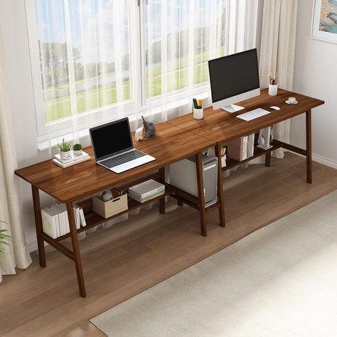 Home Office With Long Desk, Long Work Table, Small Man Office, Home Office Two People, Home Office Table Design, Two Person Desk Home Office, 2 Person Desk Home Office, Home Office Dining Room Combo, Two Desk Home Office