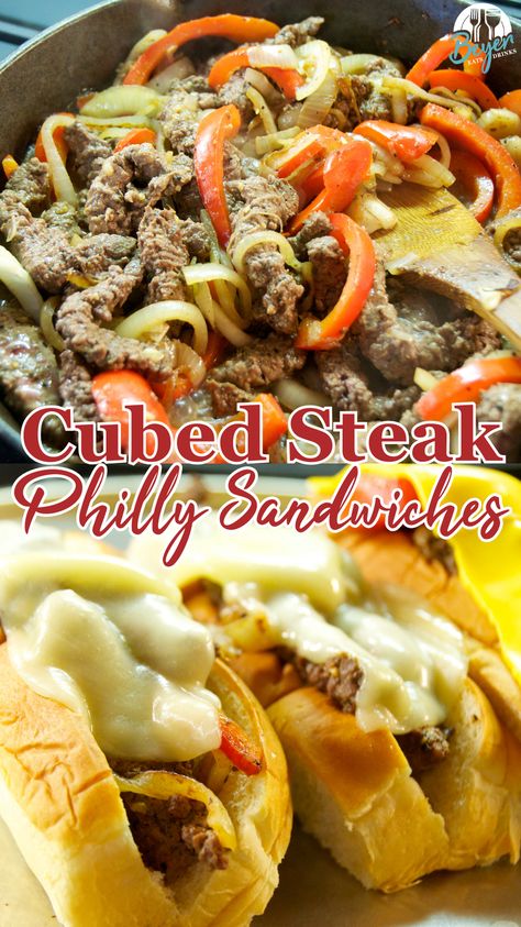 Philly cubed steak sandwiches recipe is an easy dinner recipe with Philly cheese steak flavors in onions, peppers, and cheese made fast with cubed steaks. Cubed Steak Sandwich, Steak Flavors, Cubed Steaks, Philly Cheese Steak Crock Pot, Philly Steak Sandwich, Philly Cheesesteak Sandwiches, Cheesesteak Sandwiches, Beef Cubed Steak, Steak Skewers