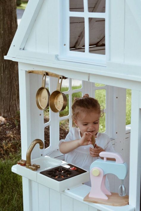 Costco Playhouse Hack - The Pink Dream Painted Outdoor Playhouse, Outdoor Playhouse Interior, Costco Playhouse, Playhouse Interior Ideas, Outdoor Playroom, Kids Playhouse Makeover, Simple Playhouse, Play Houses Diy, Cedar Playhouse