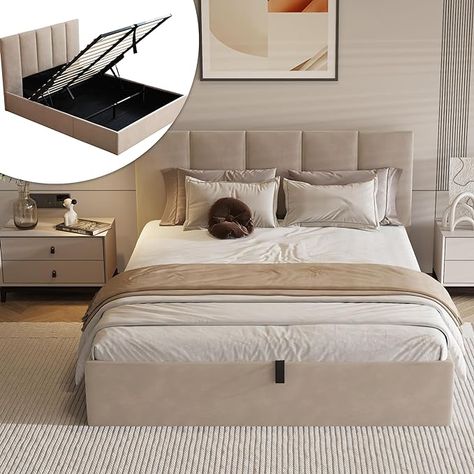 Amazon.com: VELOCAVA Full Size Bed Frame with Storage, Lift Storage Bed with Hydraulic Lift Up Mechanism, Soft Upholstered Beds with Headboard and Storage Underneath, No Spring Box Needed, Beige : Home & Kitchen #affiliatelink Linen Upholstered Bed, Lift Storage Bed, Headboard Upholstered, Modern Headboard, Full Size Bed Frame, Full Bed Frame, King Size Bed Frame, Queen Size Bed Frames, Queen Bed Frame