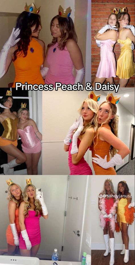 Peach And Rosalina Costume, Princes Peach Costumes, Princess Peach Halloween Costume Diy, Daisy Mario Cart Halloween Costume, Peach And Bowser Costume, Mario Princesses Costume, Minnie And Daisy Halloween Costumes, Princess Peach And Daisy Halloween, Luigi And Daisy Costume