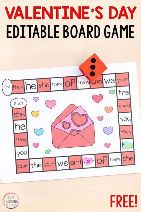 Editable Valentine's Day board game for math and literacy centers. #kindergarten #preschool #valentinesday #sightwords Valentine Sight Words, Valentines Activities, Kindergarten February, Kindergarten Valentines, Math Valentines, February Ideas, Free Preschool Printables, Kindergarten Printables, Kindergarten Games