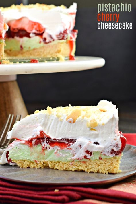 No Bake Pistachio Cherry Cheesecake recipe #holidays #christmas #cheesecake #christmasbaking #christmasrecipes #pistachio Cake Recipes Cherry, Cherry Whipped Cream, Cherry Pistachio, Cheese Desserts, Cherry Cheesecake Recipe, Pistachio Dessert, Pistachio Cheesecake, Christmas Cheesecake, Shugary Sweets