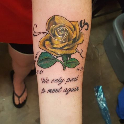 Memorial Yellow Rose Tattoo. Yellow Rose Memorial Tattoo, Memorial Rose Tattoo, Yellow Rose Tattoo, Yellow Tattoo, Yellow Rose Tattoos, Rose Vine Tattoos, Grandma Tattoos, Memorial Tattoo Designs, Rose Hand Tattoo