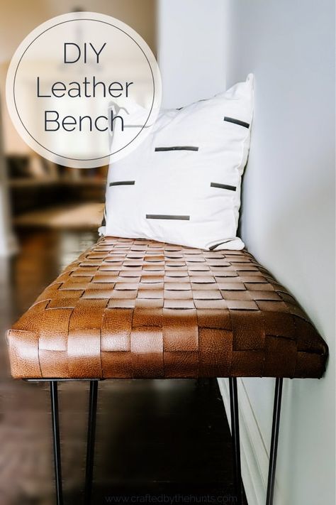 DIY Woven Leather Bench Tutorial - Crafted by the Hunts  ||  Looking for a modern woven leather entryway bench? Make a beautiful bench (that's comfortable) for under $75. It only takes a few hours to DIY! Leather Entryway Bench, Diy Bench Bedroom, Diy Leather Bench, Leather Bench Bedroom, Leather Bench Entryway, Ikea Storage Cubes, Crate Bench, Diy Entryway Bench, Upper East Side Apartment