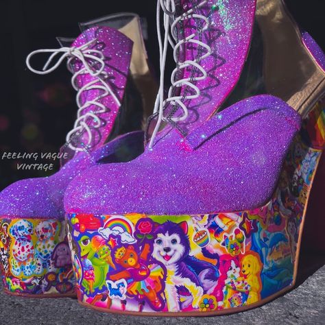 CUSTOM // 90's Iconic Lisa Frank Kawaii Holographic Glitter Hand Made Rainbow Platform Chunk High Heel Wedge Ankle Boots - Etsy Lisa Frank Shoes, Sticker Collage, Holographic Fashion, 90's Stickers, Funky Shoes, Fancy Shoes, High Heel Wedges, Lisa Frank, Wedge Ankle Boots