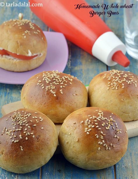 homemade whole wheat burger buns | 100% whole wheat burger buns | Indian eggless Milk Powder Recipes, Whole Wheat Burger Buns, Multigrain Bread Recipe, Recipe Using Milk, Burger Buns Recipe, Homemade French Bread, Burger Bun, Crackers Recipe, Wheat Crackers