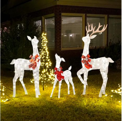 GENIMO 3-Piece Outdoor Reindeer Christmas Decorations Yard, Pre Lit Deer Family with 365 Led Lights, Holiday Lighted Reindeer for Outside Indoor Home Lawn Garden Patio with Stakes Zip Ties (5ft) Christmas Deer Lights, Outdoor Reindeer, Outdoor Christmas Decorations Lights, Deer Light, Holiday Yard Decorations, Christmas Reindeer Decorations, Dinner Decor, White Reindeer, Xmas Dinner