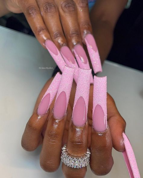 Birthday Acrylic Nails Long, Pink Acrylic Nails French, Pink French Tip Acrylics, Crystal Acrylic Nails, Birthday Nails Simple, Extendo Nails, Nails Pink French Tip, Tip Acrylics, Acrylic Nails French