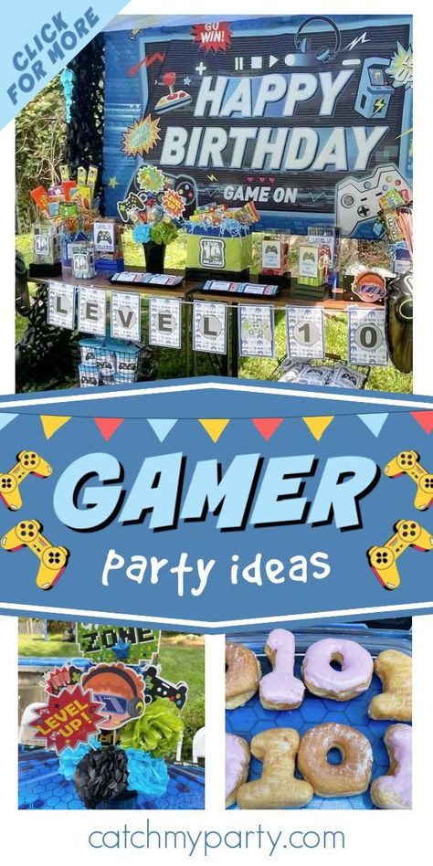 Gamer Birthday Party Food Ideas, Tech Birthday Party Ideas, 10th Birthday Video Game Party, Gaming Birthday Party Food Ideas, Gamer Dessert Table, Video Game Party Food Ideas, Gaming Party Food Ideas, Gamer Party Activities, Game Truck Birthday Party Ideas