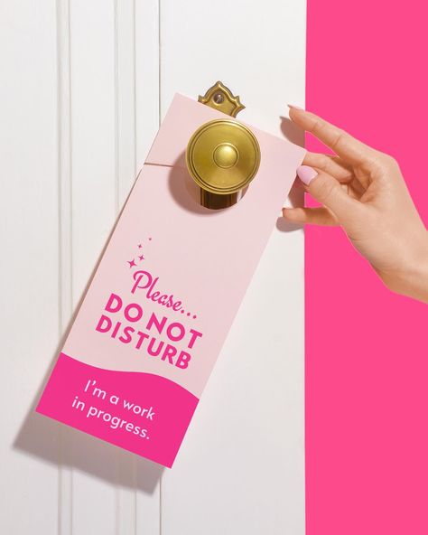 A colorful Canva design of a door tag and a female hand reaching for it with a tagline on it that says “please do not disturb, I’m a work in progress” Door Tag, Please Do Not Disturb, Door Tags, Dermatological Skin Care, Brand Strategist, Beauty Creations, Branding Marketing, Do Not Disturb, Tag Template